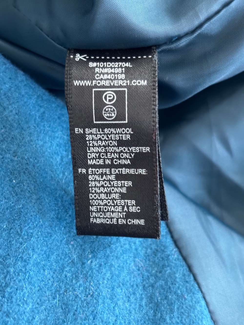 Forever 21 Wool Blend Hooded Pea Coat - Teal Blue Size M - Picture 11 of 11